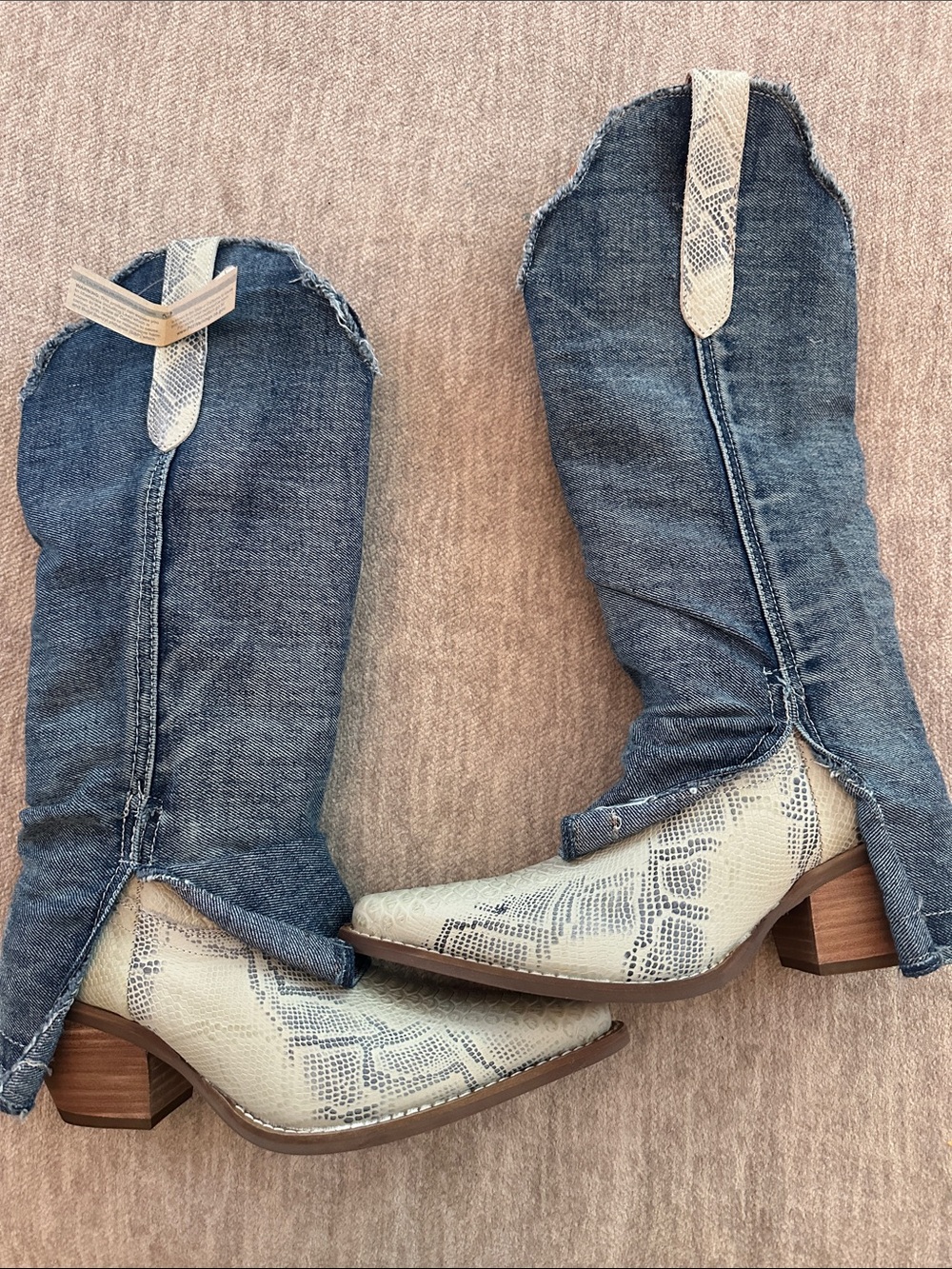 dingo Denim Shaft Heeled Boots with Cream Snake-Print Toe